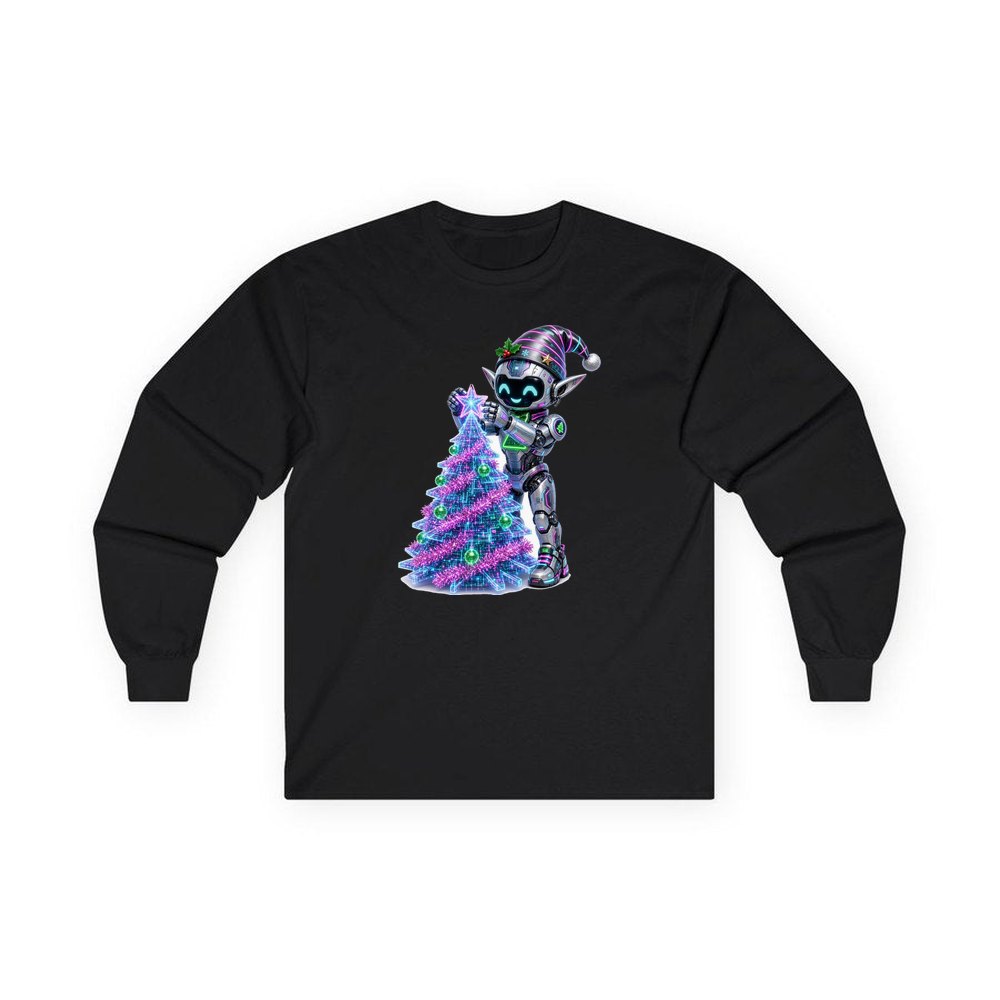 Robot Elf Trimming the Tree personalised long sleeve Christmas T-shirt in black