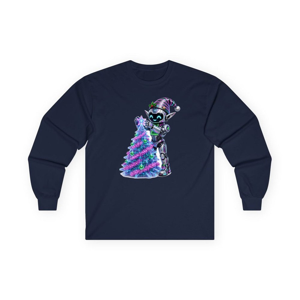 Robot Elf Trimming the Tree personalised long sleeve Christmas T-shirt in navy