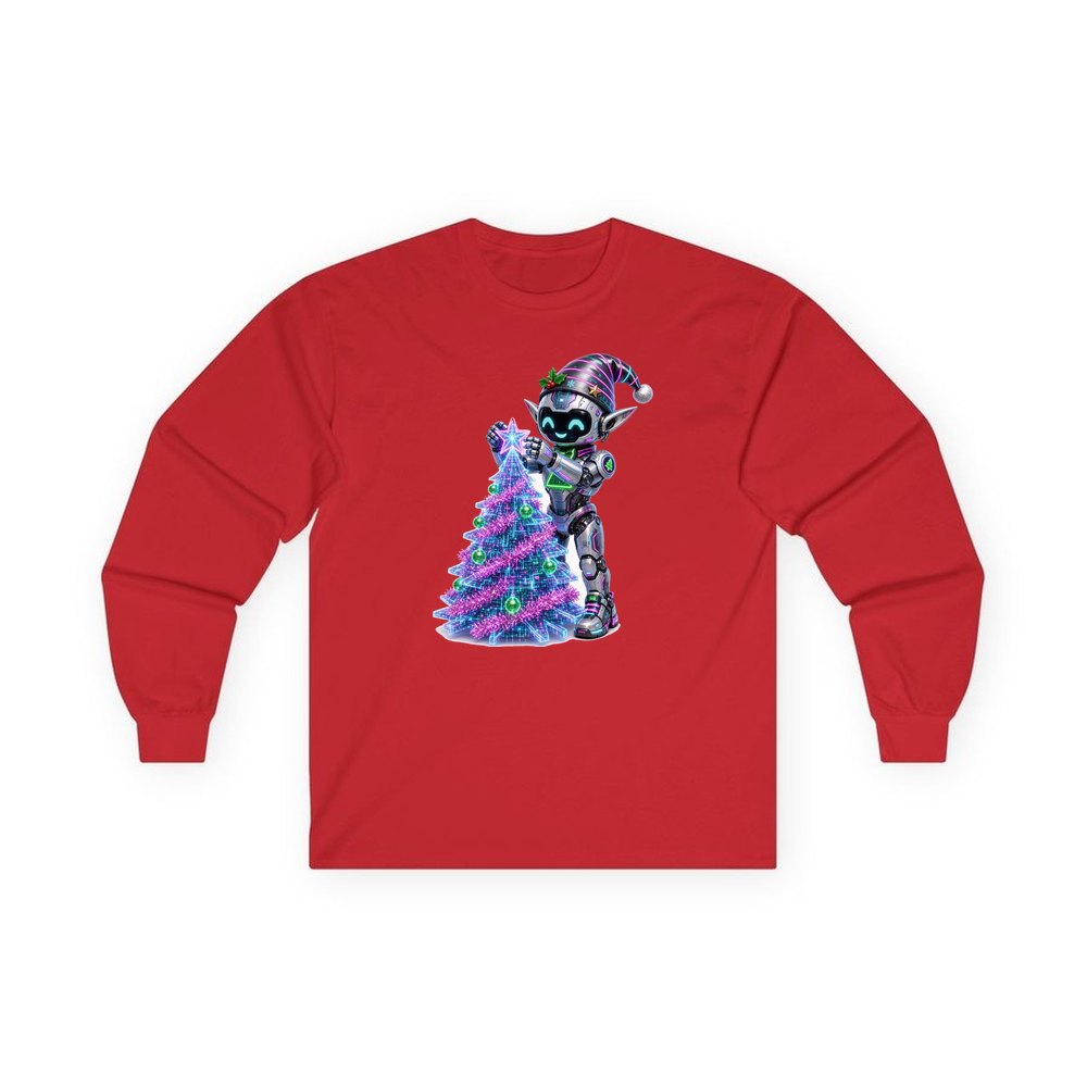 Robot Elf Trimming the Tree personalised long sleeve Christmas T-shirt in red