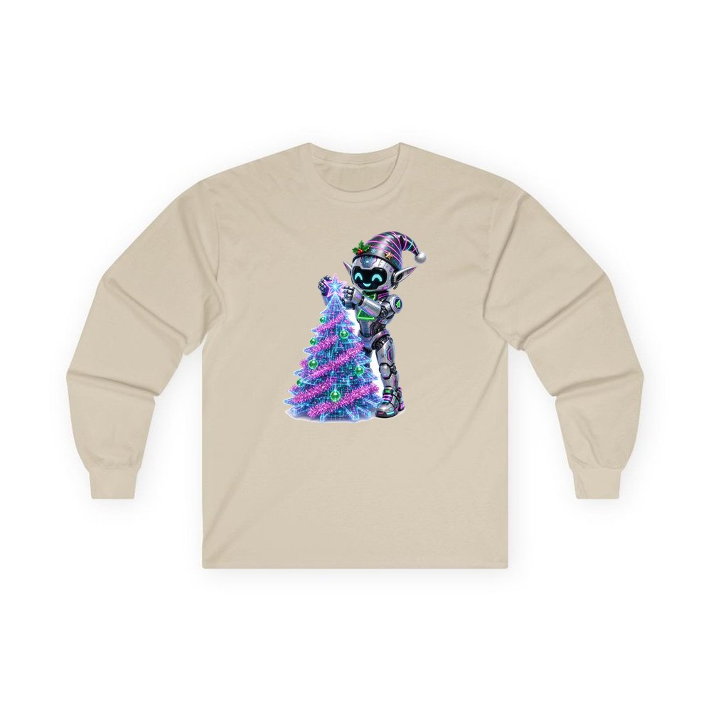 Robot Elf Trimming the Tree personalised long sleeve Christmas T-shirt in sand