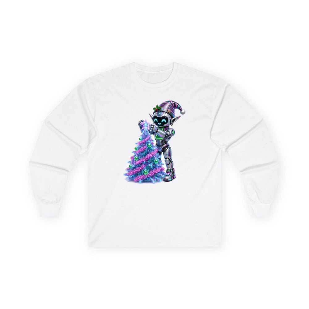 Robot Elf Trimming the Tree personalised long sleeve Christmas T-shirt in white