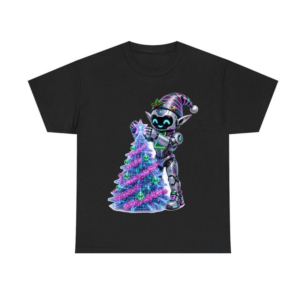Robot Elf Trimming the Tree personalised Christmas T-shirt in black