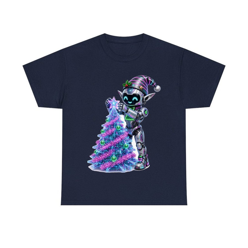 Robot Elf Trimming the Tree personalised Christmas T-shirt in navy
