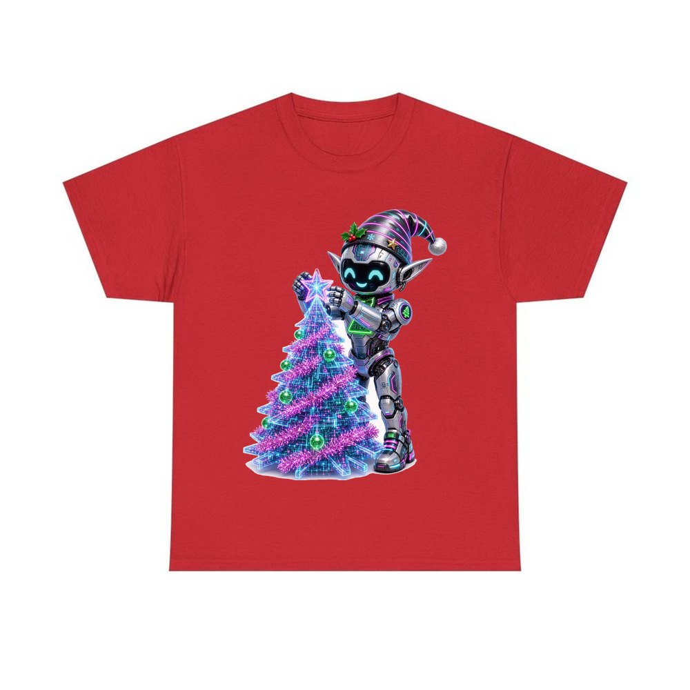 Robot Elf Trimming the Tree personalised Christmas T-shirt in red