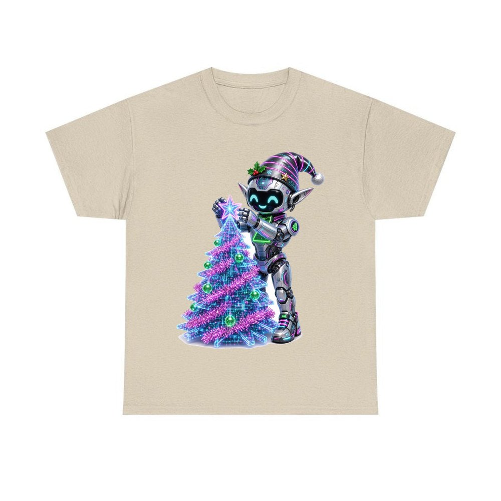 Robot Elf Trimming the Tree personalised Christmas T-shirt in sand