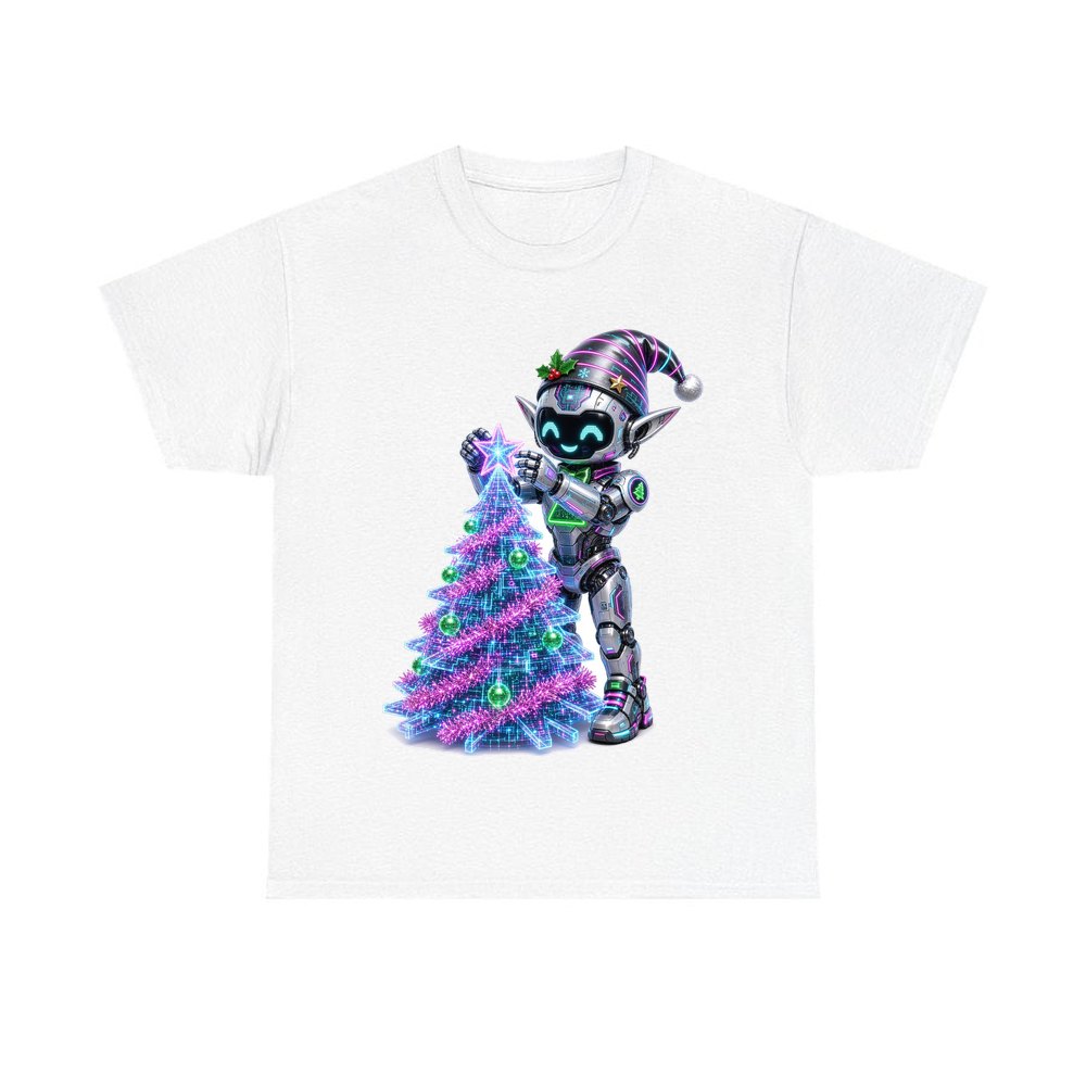 Robot Elf Trimming the Tree personalised Christmas T-shirt in white