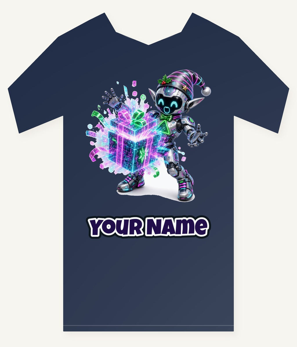 Robot Elf Unwrapping Personalised Kids Tee and Baby Bodysuit