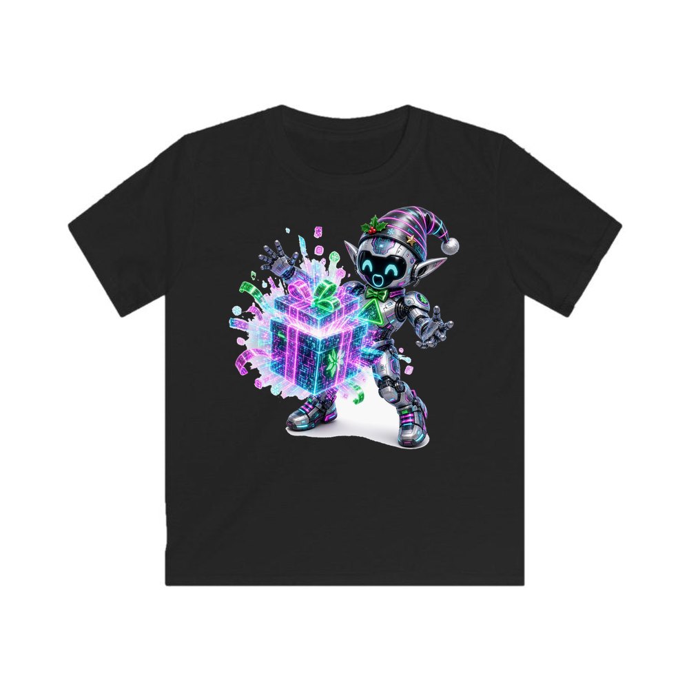 Robot Elf Unwrapping personalised kids Christmas tee in black