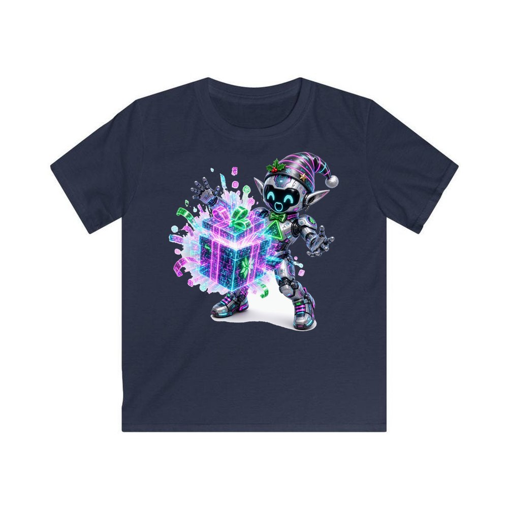 Robot Elf Unwrapping personalised kids Christmas tee in navy