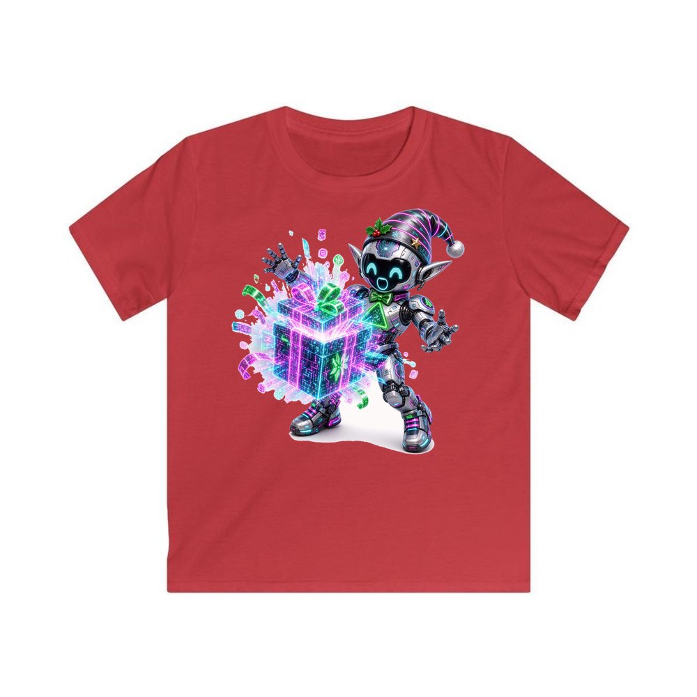 Robot Elf Unwrapping personalised kids Christmas tee in red