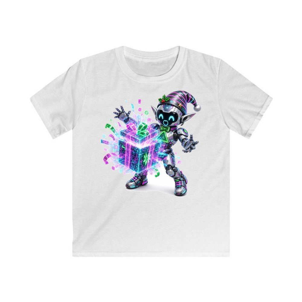 Robot Elf Unwrapping personalised kids Christmas tee in white
