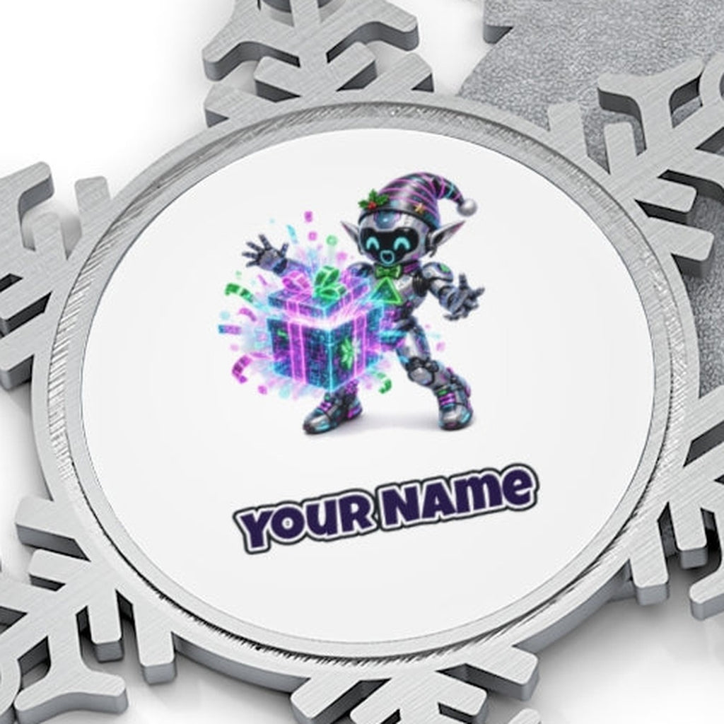 Robot Elf Unwrapping Personalised Pewter Christmas Ornament