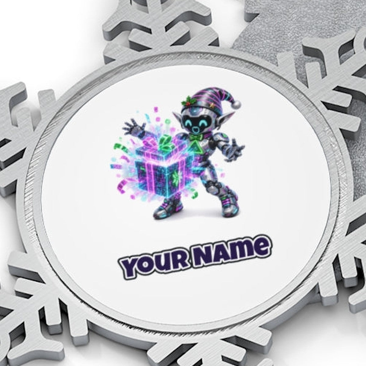 Robot Elf Unwrapping Personalised Pewter Christmas Ornament