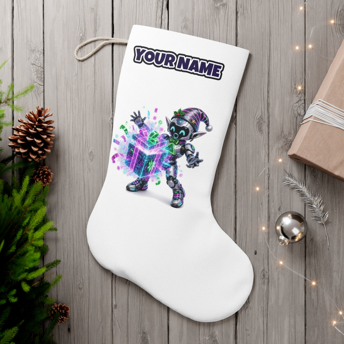 Robot Elf Unwrapping personalised Christmas stocking, white, with the name across the top