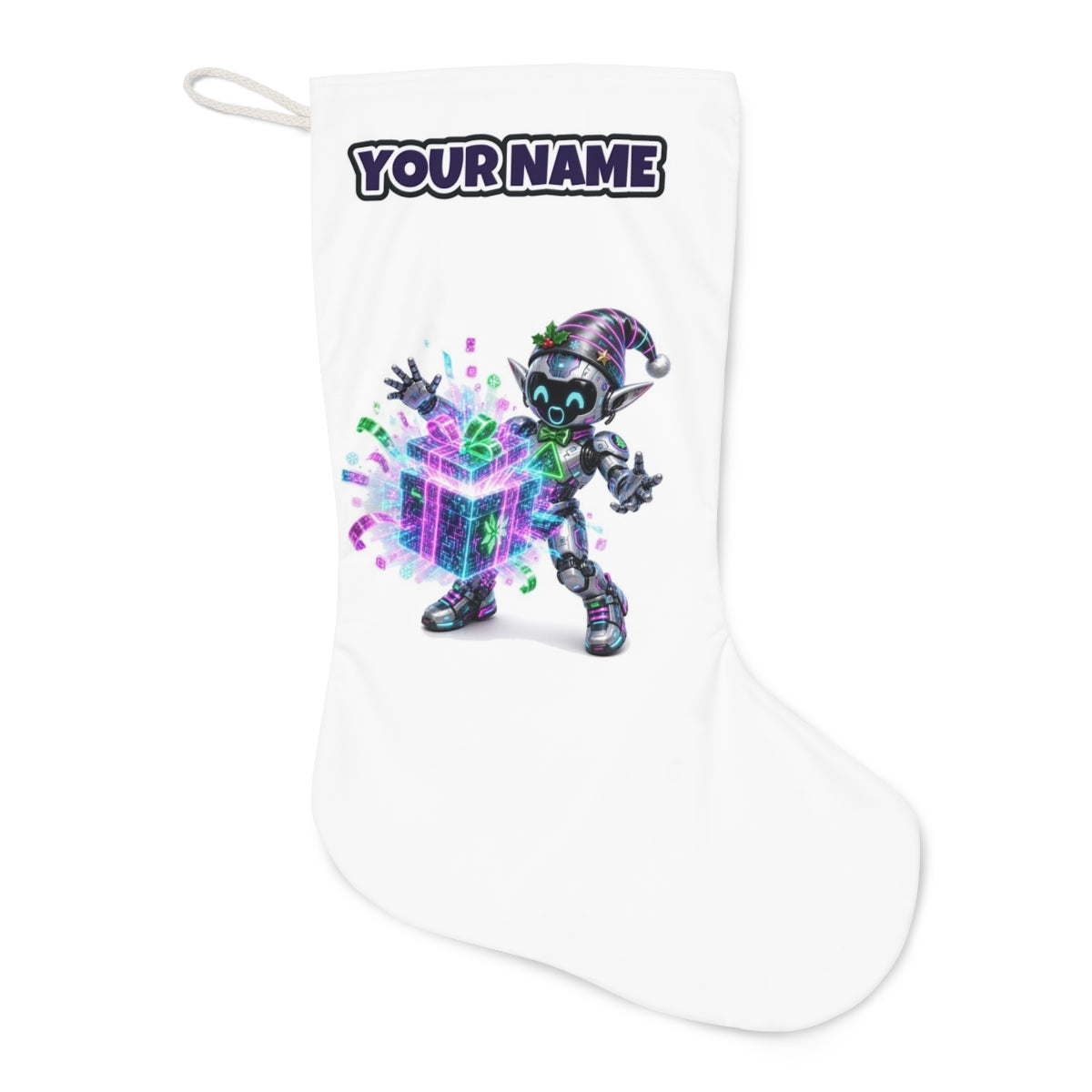 Robot Elf Unwrapping Christmas stocking laid flat, showing the full print