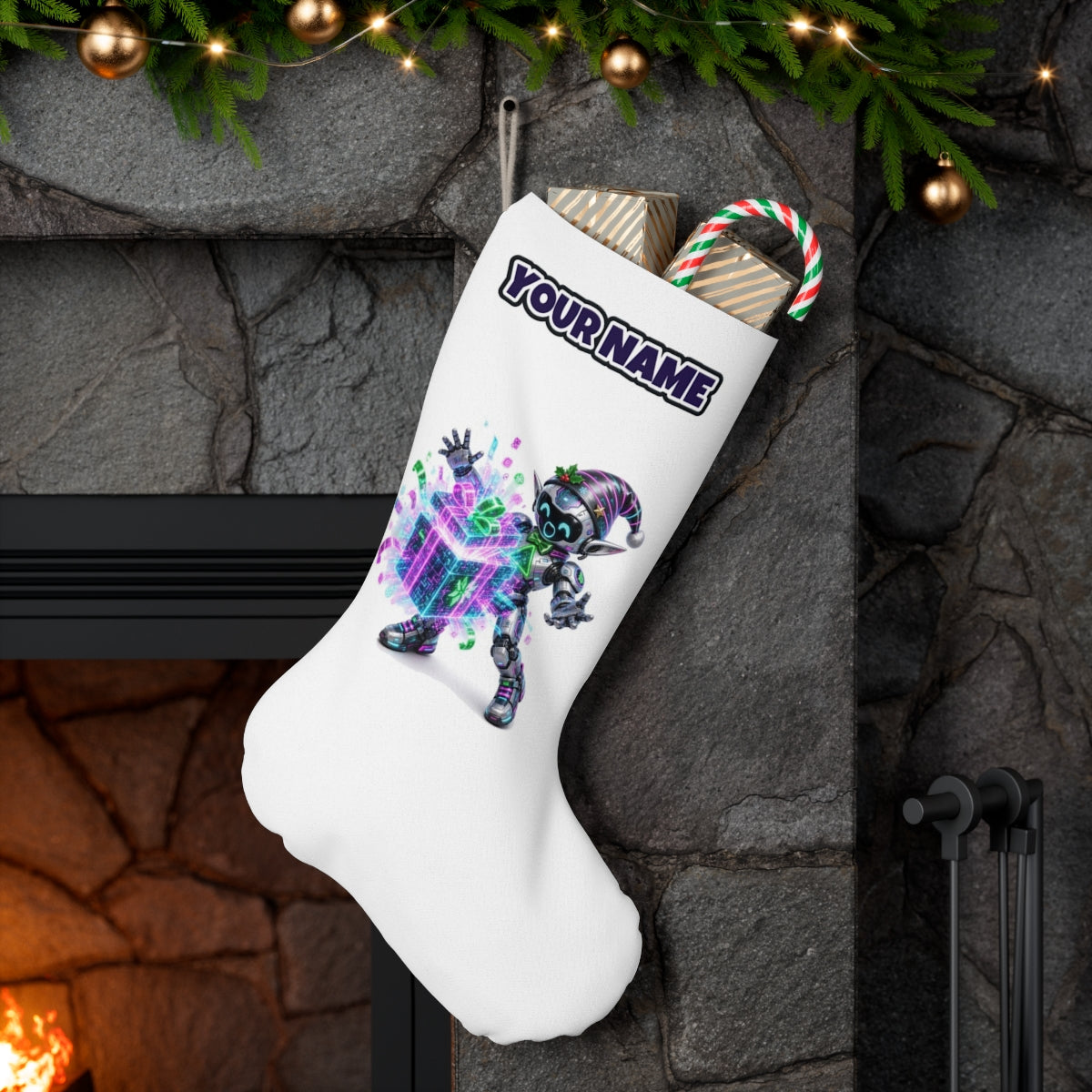 Robot Elf Unwrapping personalised Christmas stocking hanging on a mantel
