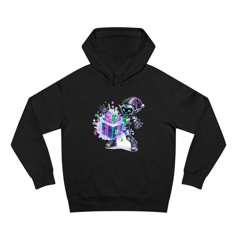 Robot Elf Unwrapping personalised Christmas hoodie in black