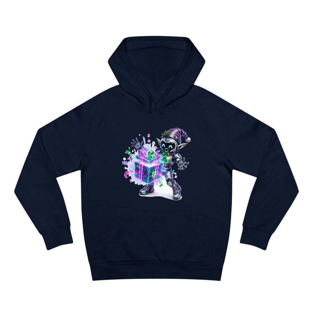Robot Elf Unwrapping personalised Christmas hoodie in navy