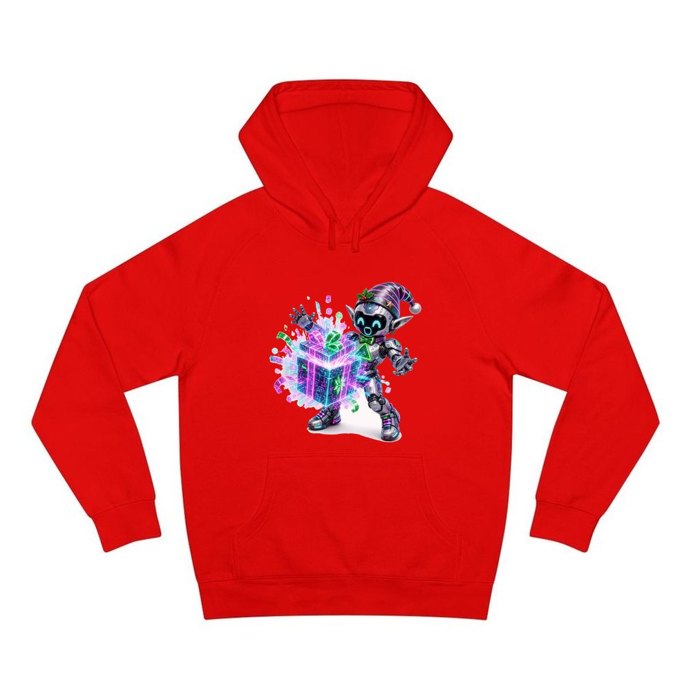 Robot Elf Unwrapping personalised Christmas hoodie in red