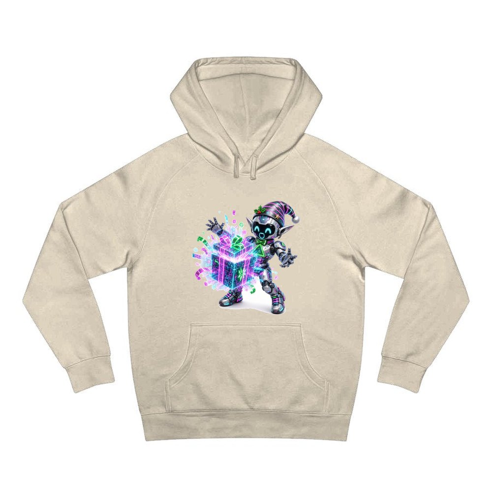 Robot Elf Unwrapping personalised Christmas hoodie in sand