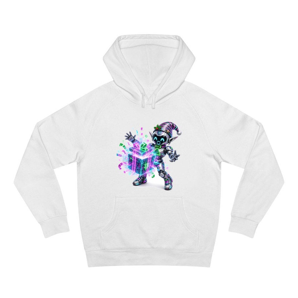 Robot Elf Unwrapping personalised Christmas hoodie in white