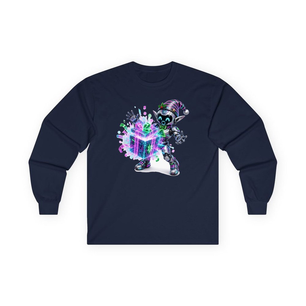 Robot Elf Unwrapping personalised long sleeve Christmas T-shirt in navy