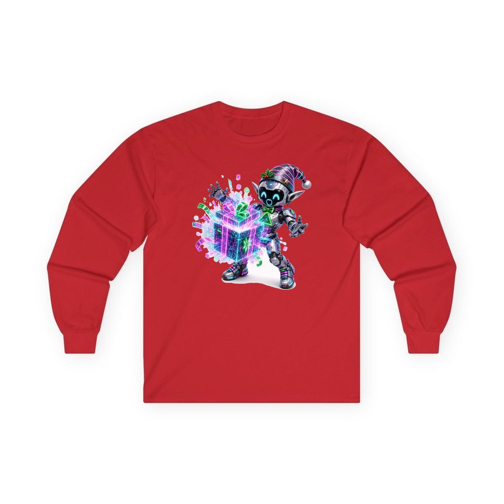 Robot Elf Unwrapping personalised long sleeve Christmas T-shirt in red