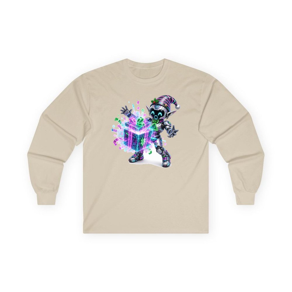 Robot Elf Unwrapping personalised long sleeve Christmas T-shirt in sand