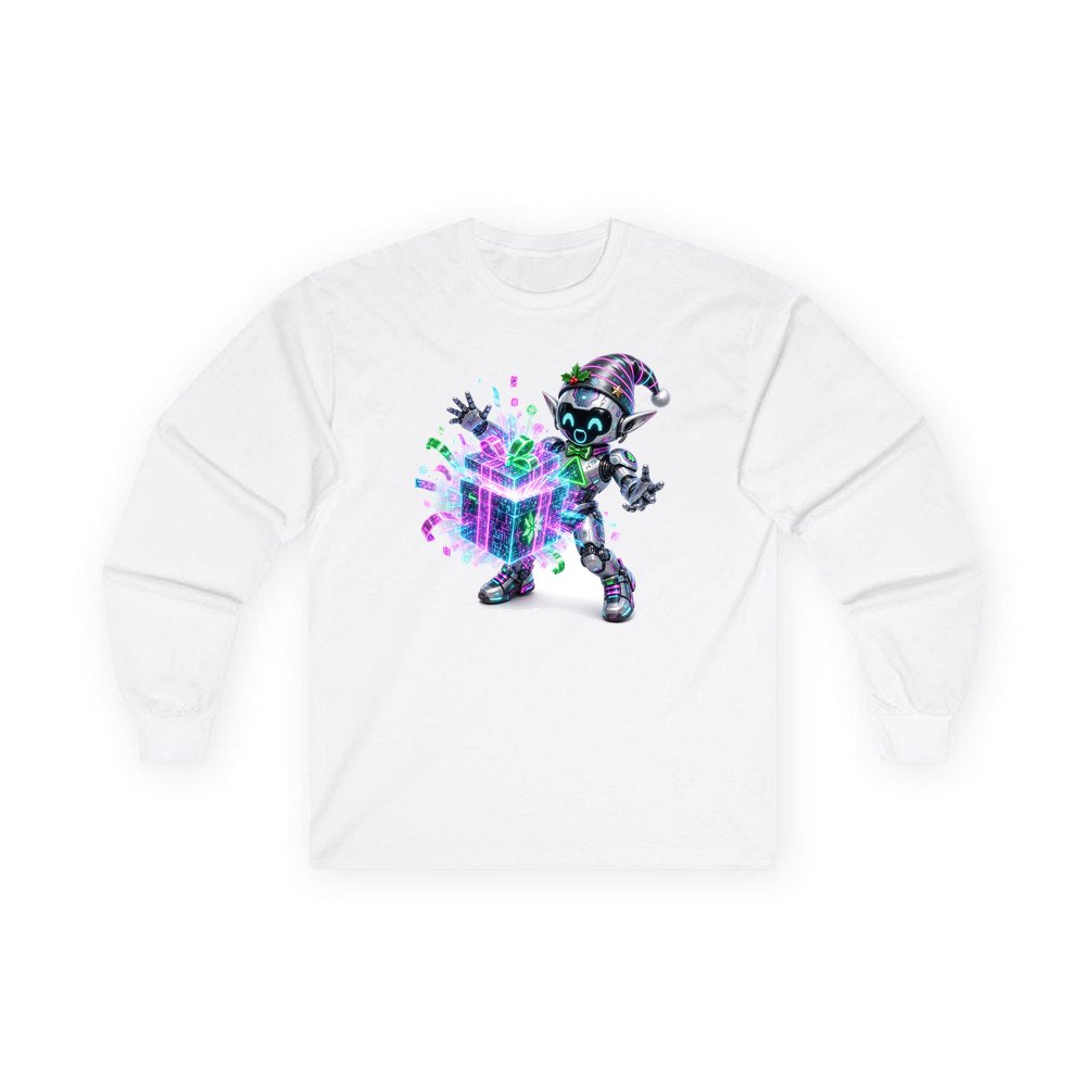 Robot Elf Unwrapping personalised long sleeve Christmas T-shirt in white