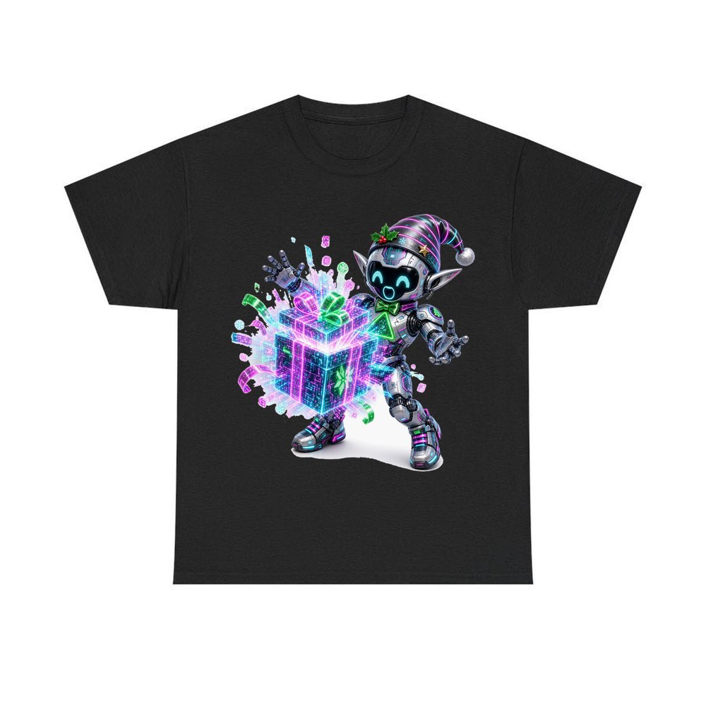 Robot Elf Unwrapping personalised Christmas T-shirt in black