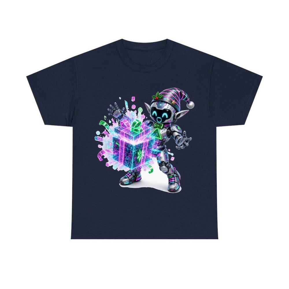 Robot Elf Unwrapping personalised Christmas T-shirt in navy