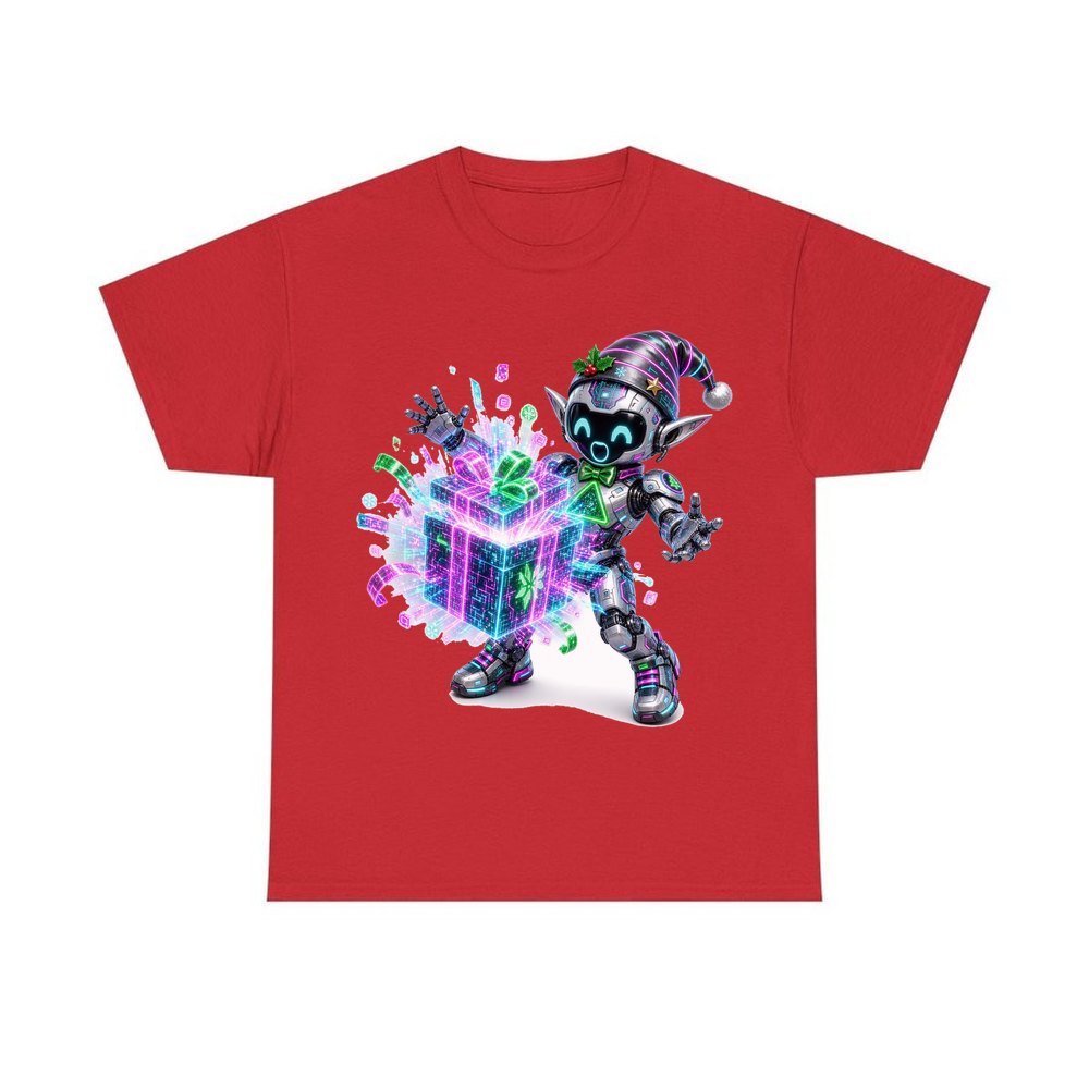 Robot Elf Unwrapping personalised Christmas T-shirt in red