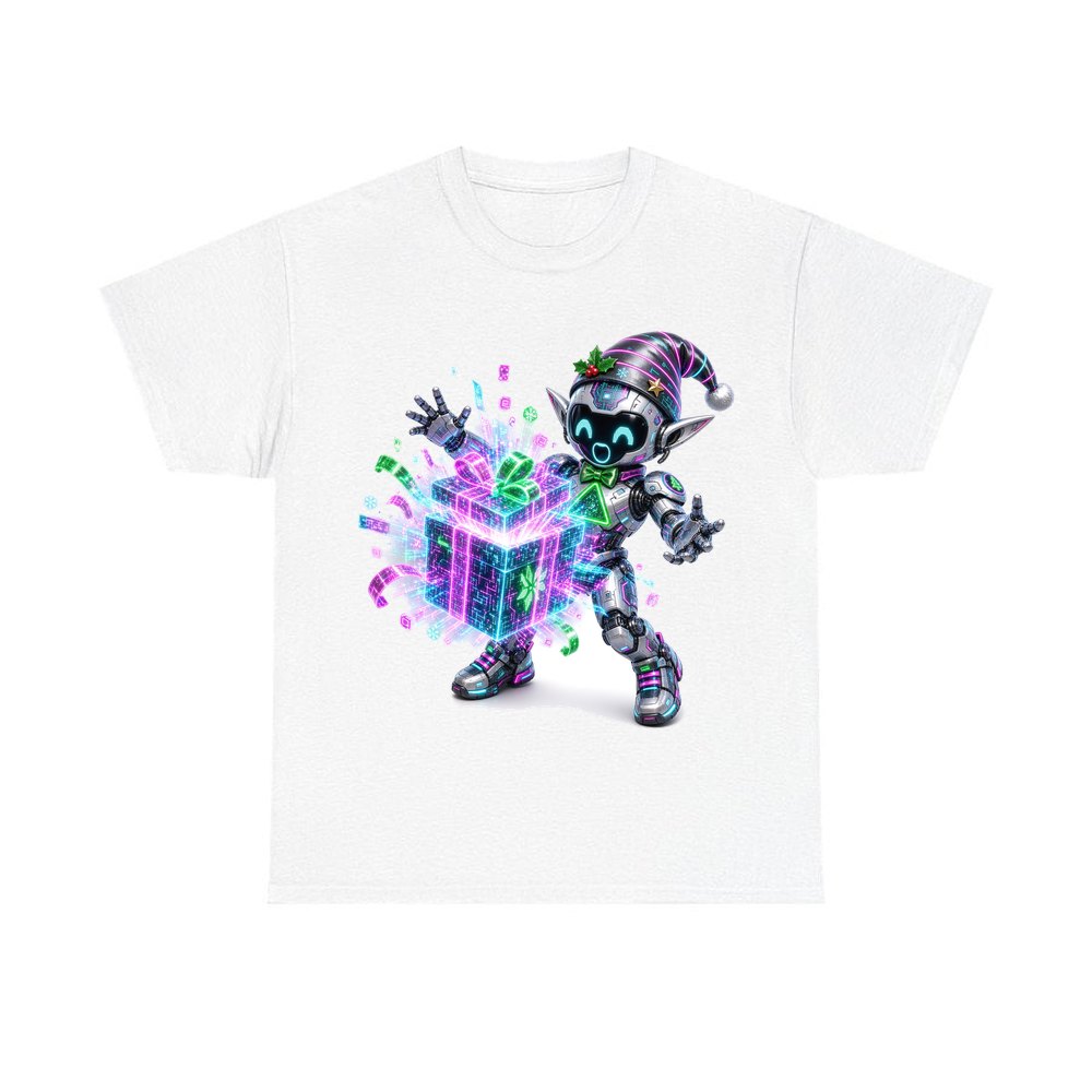 Robot Elf Unwrapping personalised Christmas T-shirt in white
