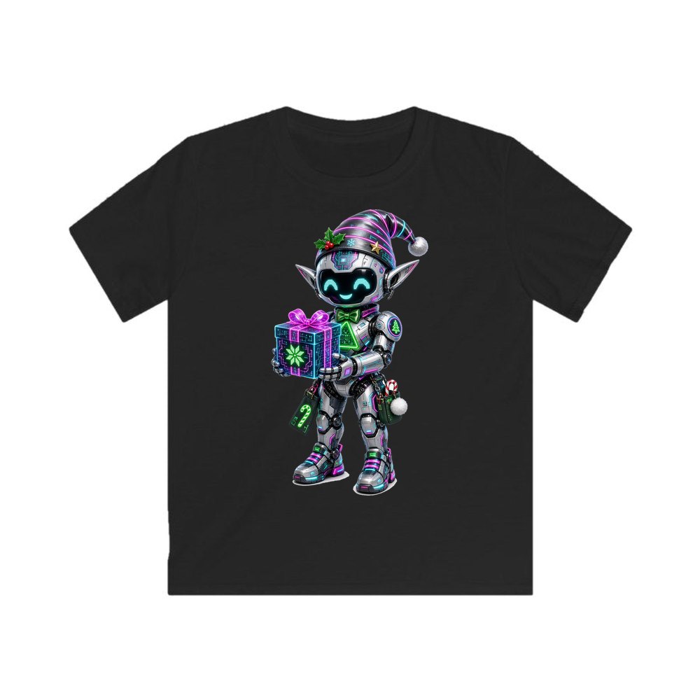 Robot Elf With Gift personalised kids Christmas tee in black
