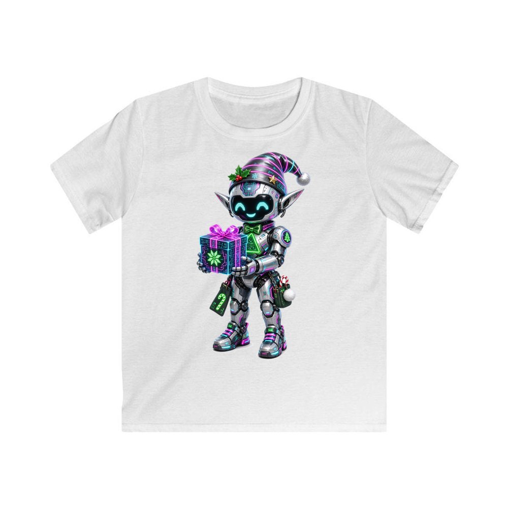 Robot Elf With Gift personalised kids Christmas tee in white