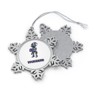 Robot Elf With Gift Personalised Pewter Christmas Ornament