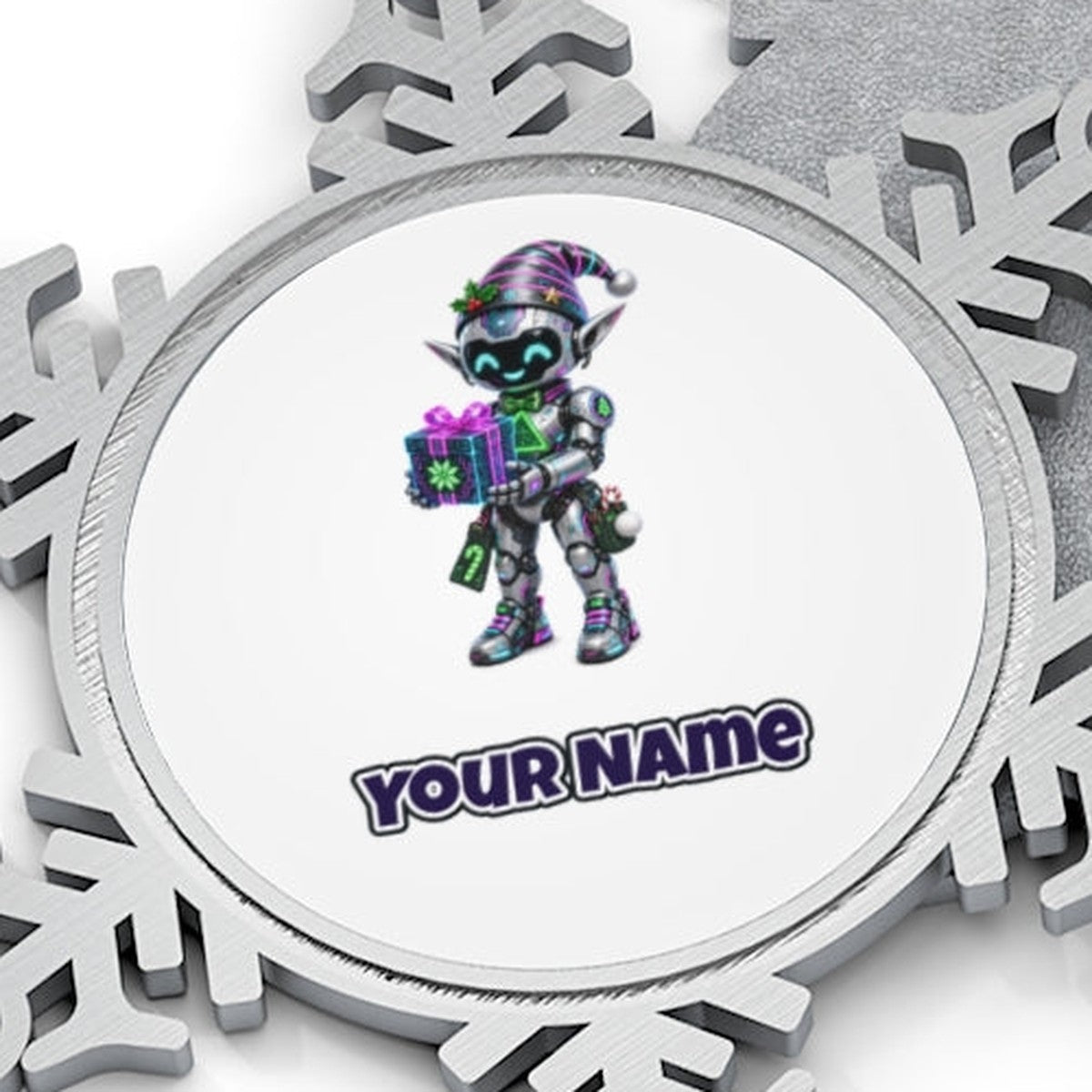 Robot Elf With Gift Personalised Pewter Christmas Ornament