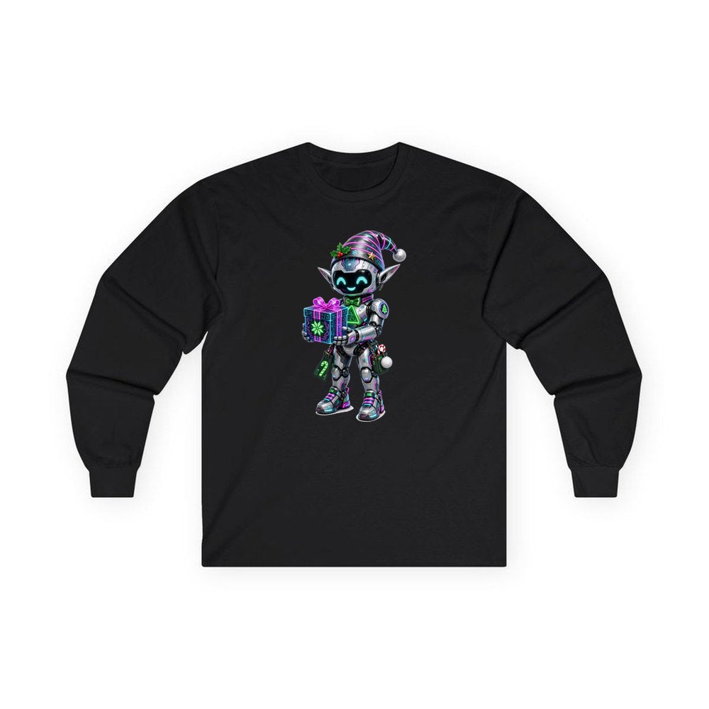Robot Elf With Gift personalised long sleeve Christmas T-shirt in black