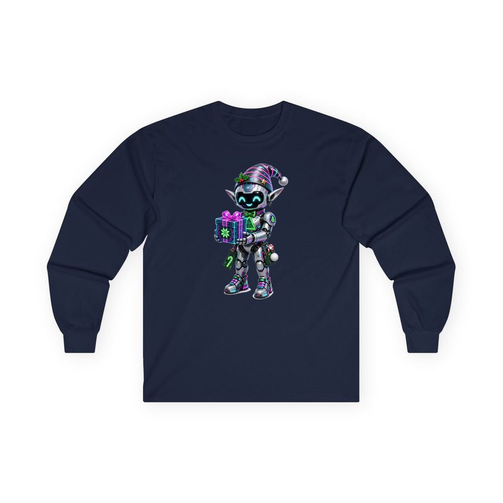 Robot Elf With Gift personalised long sleeve Christmas T-shirt in navy