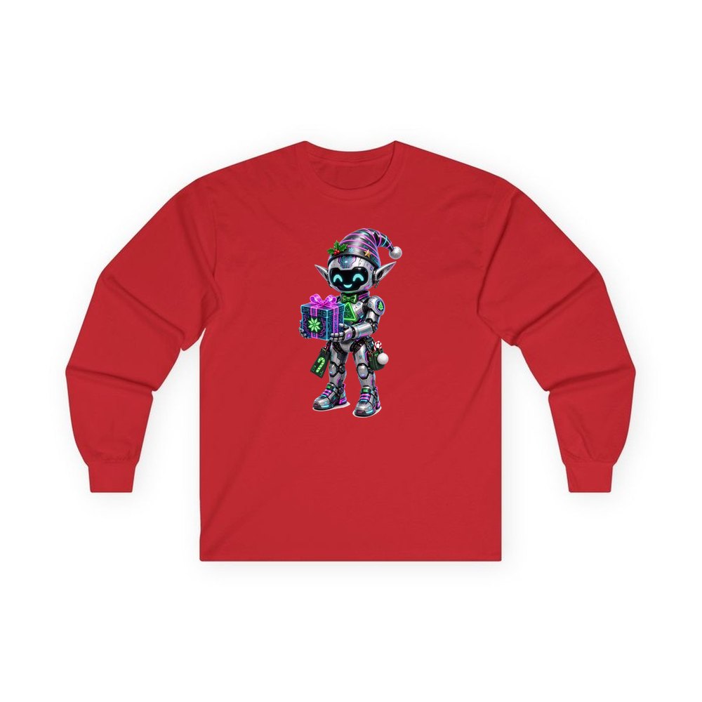 Robot Elf With Gift personalised long sleeve Christmas T-shirt in red