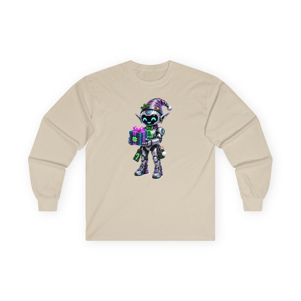 Robot Elf With Gift personalised long sleeve Christmas T-shirt in sand