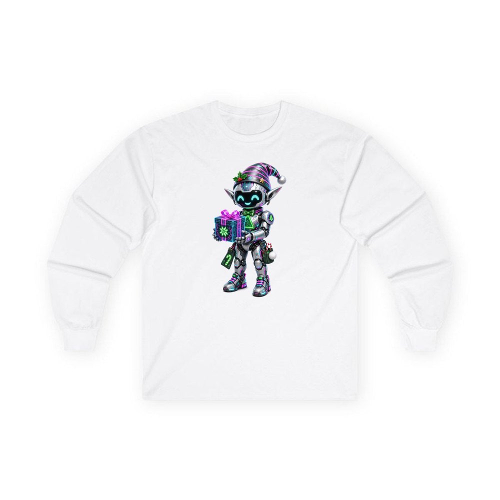 Robot Elf With Gift personalised long sleeve Christmas T-shirt in white