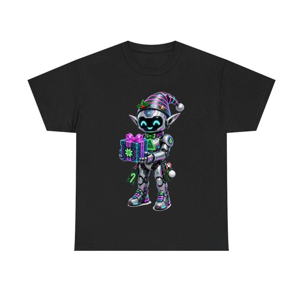 Robot Elf With Gift personalised Christmas T-shirt in black