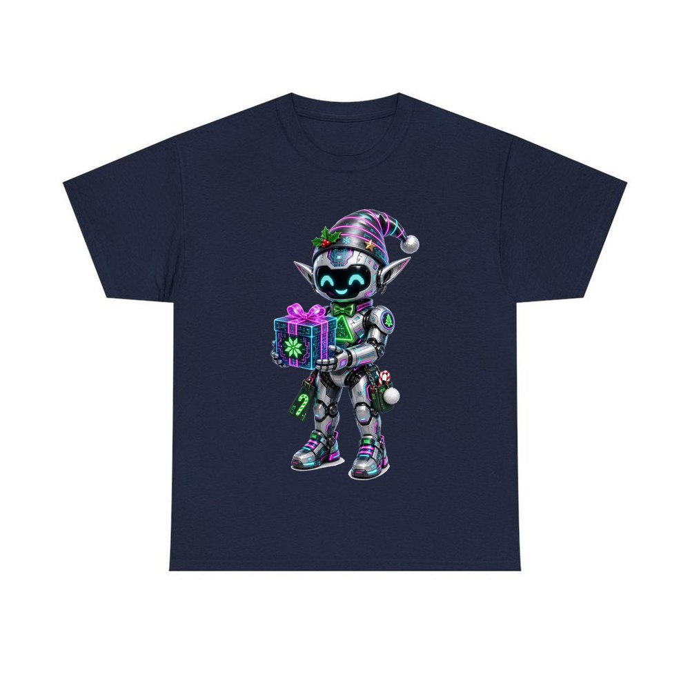 Robot Elf With Gift personalised Christmas T-shirt in navy