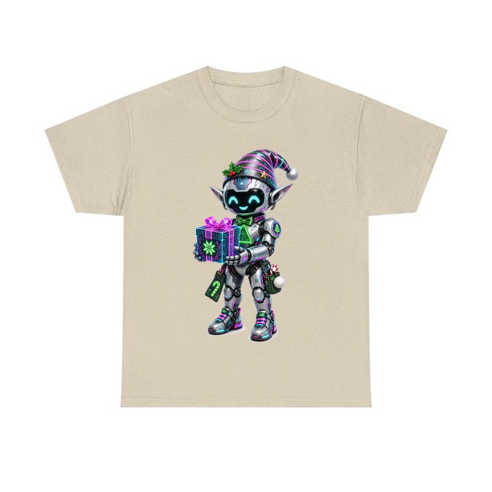 Robot Elf With Gift personalised Christmas T-shirt in sand