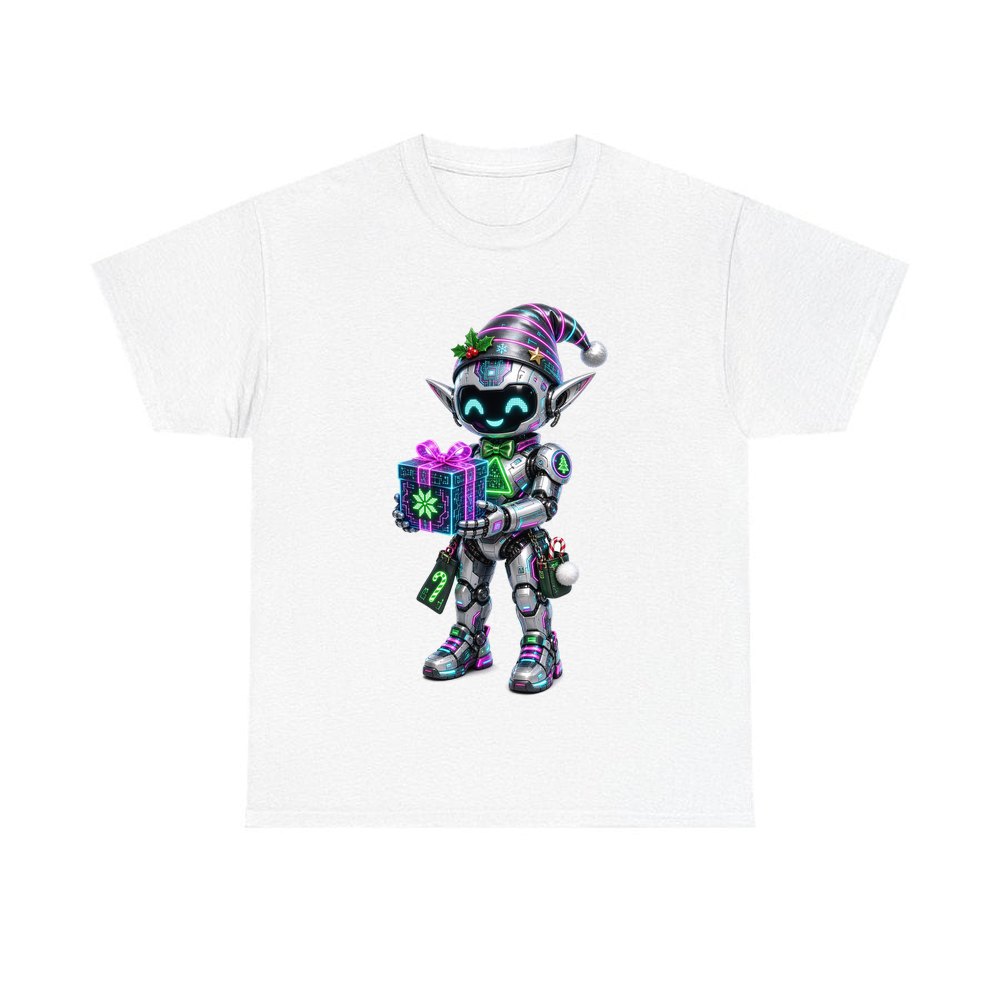 Robot Elf With Gift personalised Christmas T-shirt in white