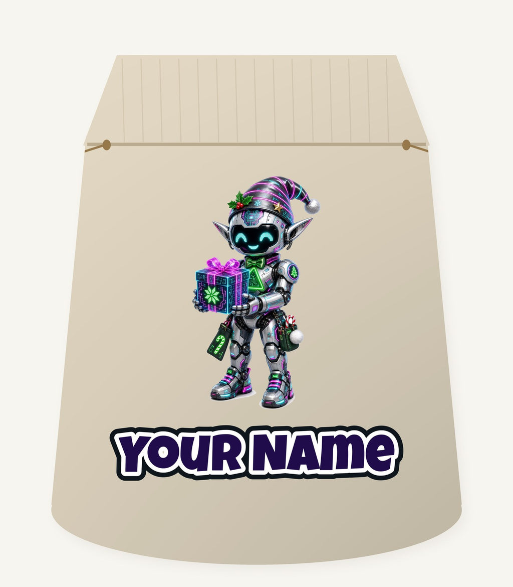 Robot Elf With Gift Personalised Santa Sack