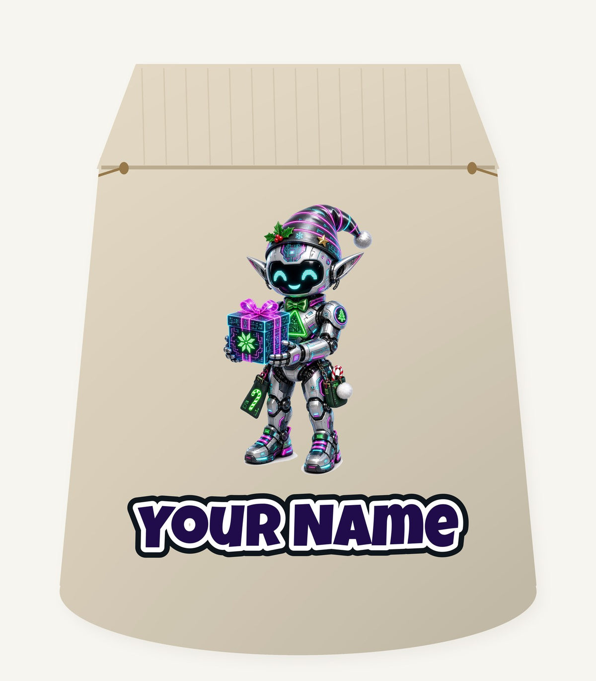 Robot Elf With Gift Personalised Santa Sack