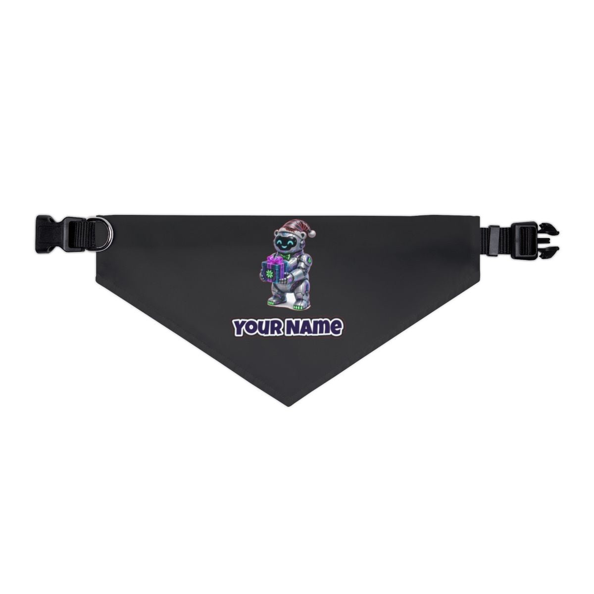 Robot Polar Bear personalised Christmas pet bandana in black, collar with buckle