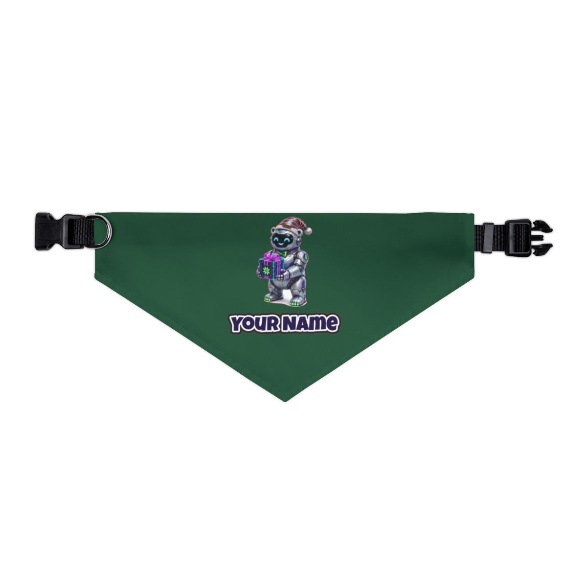 Robot Polar Bear personalised Christmas pet bandana in green, collar with buckle